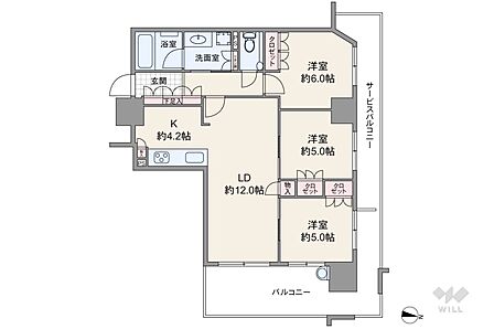 間取りは専有面積70.86平米の3LDK。全居室洋室仕様の縦長リビングプラン。個室3部屋中2部屋はLDKから出入りする、家族が顔を合わせやすい造りです。