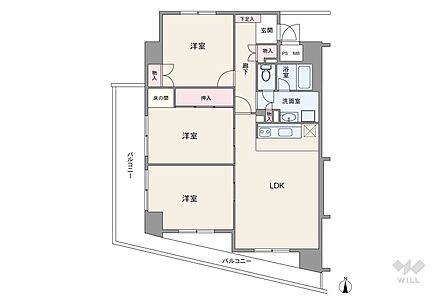 間取りは専有面積81.33平米の3LDK。全居室洋室仕様の縦長リビングプラン。縦長のLDKと個室2部屋がそれぞれ続き間になっているため、生活シーンに合わせてフレキシブルに部屋をつなげられます。