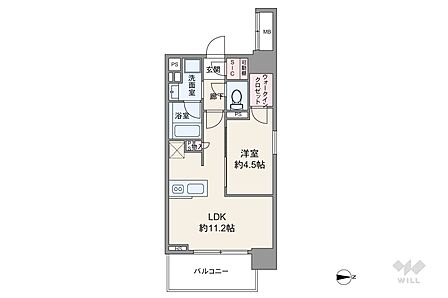 間取りは専有面積39.1平米の1LDK。LDK約11.2帖の横長リビングのプラン。バルコニー面積は6.08平米です。