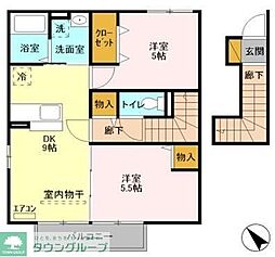 グランポルテ美園Ａ 2階2DKの間取り