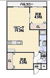 総建みどりハイム 2LDKの間取図画像