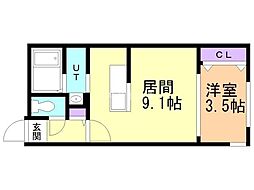 札幌市営東西線 琴似駅 徒歩10分の賃貸マンション 2階1LDKの間取り