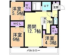 JR函館本線 琴似駅 徒歩9分の賃貸マンション 3階3LDKの間取り