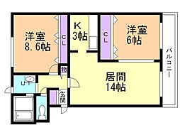プランドール西野 2LDKの間取図画像