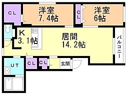 JR函館本線 白石駅 徒歩5分の賃貸マンション 1階2LDKの間取り
