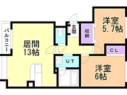 ヴィラエルンテ平和通2 2LDKの間取図画像