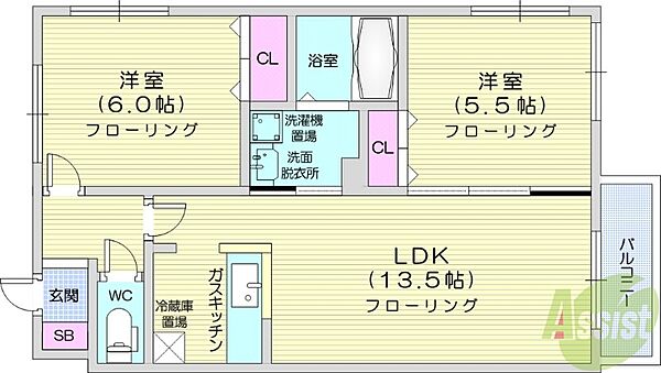 北海道札幌市北区北二十一条西6丁目(賃貸マンション2LDK・5階・50.23㎡)の写真 その2