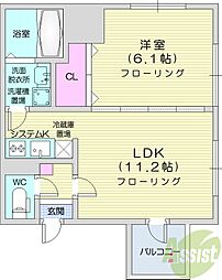 円山シャトー桂和坂下 2階1LDKの間取り