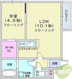 ハーネス南11条 1LDKの間取図画像