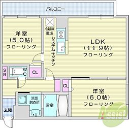 KDXレジデンス南三条 2LDKの間取図画像