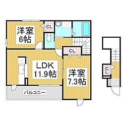 サニーコート　B棟 2階2LDKの間取り