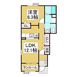 ベルヴィル松代　A棟 1階1LDKの間取り