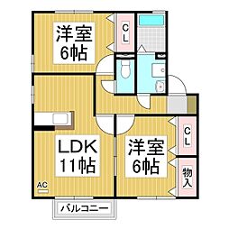 セジュール石原田　Ｂ棟 2階2LDKの間取り