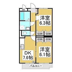 ブレイン裾花 2DKの間取図画像