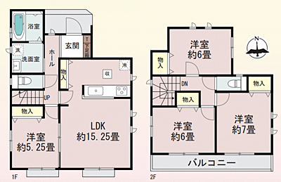 間取り：駐車スペース2台分完備♪(車種による)学校や保育園等が近くに点在！子育てしやすい立地です♪ゆとりのある広々15帖LDK♪全居室クローゼット完備♪暮らしを彩る設備・仕様が充実した住み心地の良い住まい♪