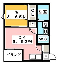 オーパスワン 2階1DKの間取り