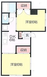 グリュックF88 1階2DKの間取り
