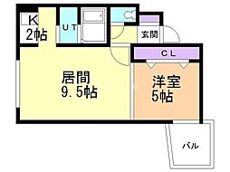 ハウスオブリザ平岸七番館 1階1LDKの間取り