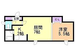 コンフォール札幌 2階1LDKの間取り