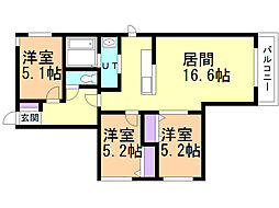 Ｂｌｕｅ　Ｈｉｌｔ　ｎａｋａｎｏｓｉｍａ 3階3LDKの間取り