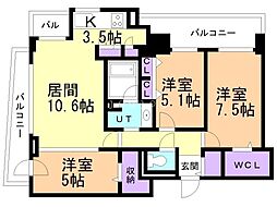 札幌市営東豊線 月寒中央駅 徒歩2分の賃貸マンション 9階3LDKの間取り