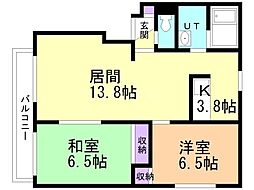 サンライズ北野 2LDKの間取図画像