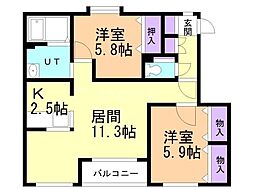 プレザンファミーユ 2LDKの間取図画像