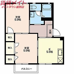 コーポラスたなかＣ棟 2階2Kの間取り