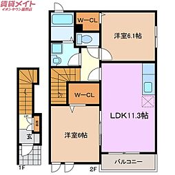 グランドゥスールI 2階2LDKの間取り