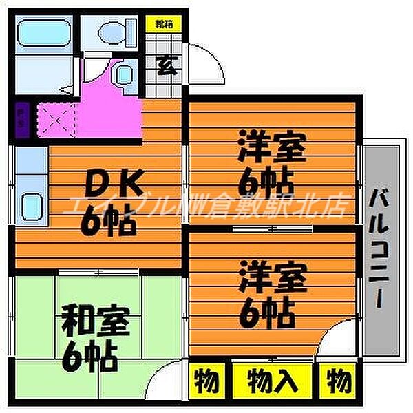岡山県倉敷市田ノ上新町(賃貸アパート3DK・2階・53.81㎡)の写真 その2