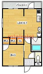 松岡ハイツ 1LDKの間取図画像