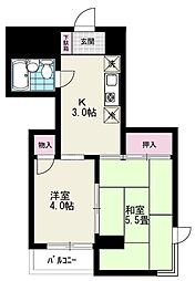 JR中央本線 武蔵小金井駅 徒歩2分の賃貸マンション 5階2Kの間取り