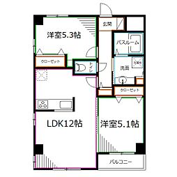 JR中央本線 国分寺駅 徒歩4分の賃貸マンション 3階2LDKの間取り