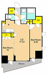 シーズンフラッツ大井町 13階2LDKの間取り