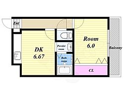 一岡ハイツ磯路 1DKの間取図画像