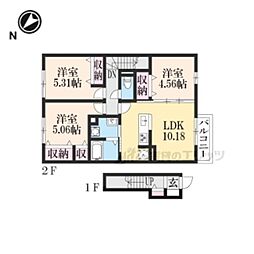 ノーブル萩 2階3LDKの間取り