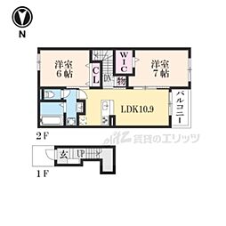 シャン・ド・フルールI 2階2LDKの間取り