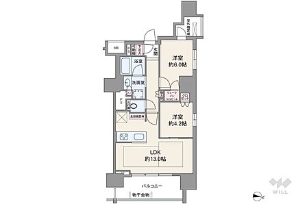 間取りは専有面積54.34平米の2LDK。開放感のある横長リビングのプラン。洋室約4.2帖は引き戸を開放してリビングの延長として使うことも出来ます。バルコニー面積は8.55平米です。