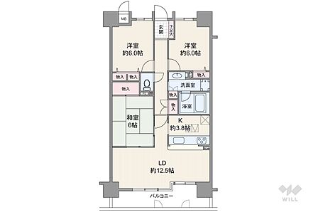 間取りは専有面積75.53平米の3LDK。LDK約16.3帖の横長リビングのプラン。LDKと和室が続き間で、襖の開閉で空間をフレキシブルに使用出来ます。バルコニー面積は10.56平米です。