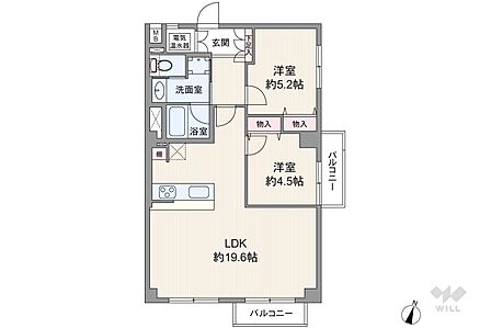 間取りは専有面積64.26平米の2LDK。バルコニー面積は5.27平米です。