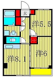 ユニパリス柏駅前オークビル 2DKの間取図画像