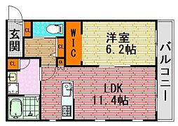 クーアヴァン 2階1LDKの間取り