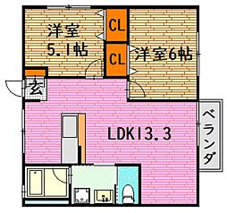 なかしまコートヴィレッヂ 2LDKの間取図画像