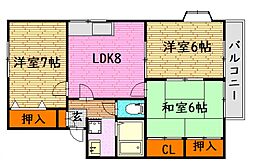 グランデュール横山B棟 2階3LDKの間取り