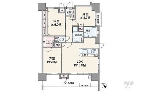 間取りは73.94?の3LDK。全居室に窓と収納が付いたプラン。LDKと洋室一部屋がバルコニーに面しています(バルコニー面積は16.30平米)。バルコニーにはトランクルームとスロップシンク付き。