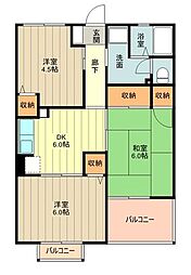 グランディール山中 2階3DKの間取り