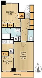 JR中央線 国分寺駅 徒歩18分の賃貸マンション 1階2LDKの間取り