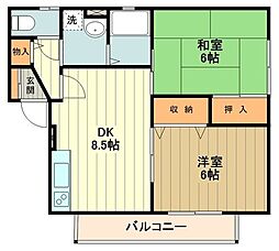西武拝島線 玉川上水駅 徒歩15分の賃貸アパート 2階2DKの間取り