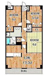 西武新宿線 花小金井駅 徒歩20分の賃貸マンション 3階3LDKの間取り