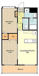 多摩都市モノレール 柴崎体育館駅 徒歩5分の賃貸マンション 1階2LDKの間取り